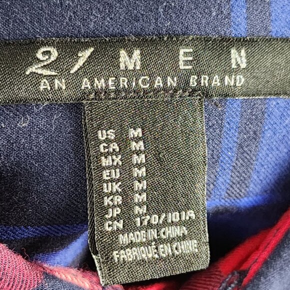 21 Men Navy Red Plaid 100% Cotton Button Front Shirt - Picture 3 of 4